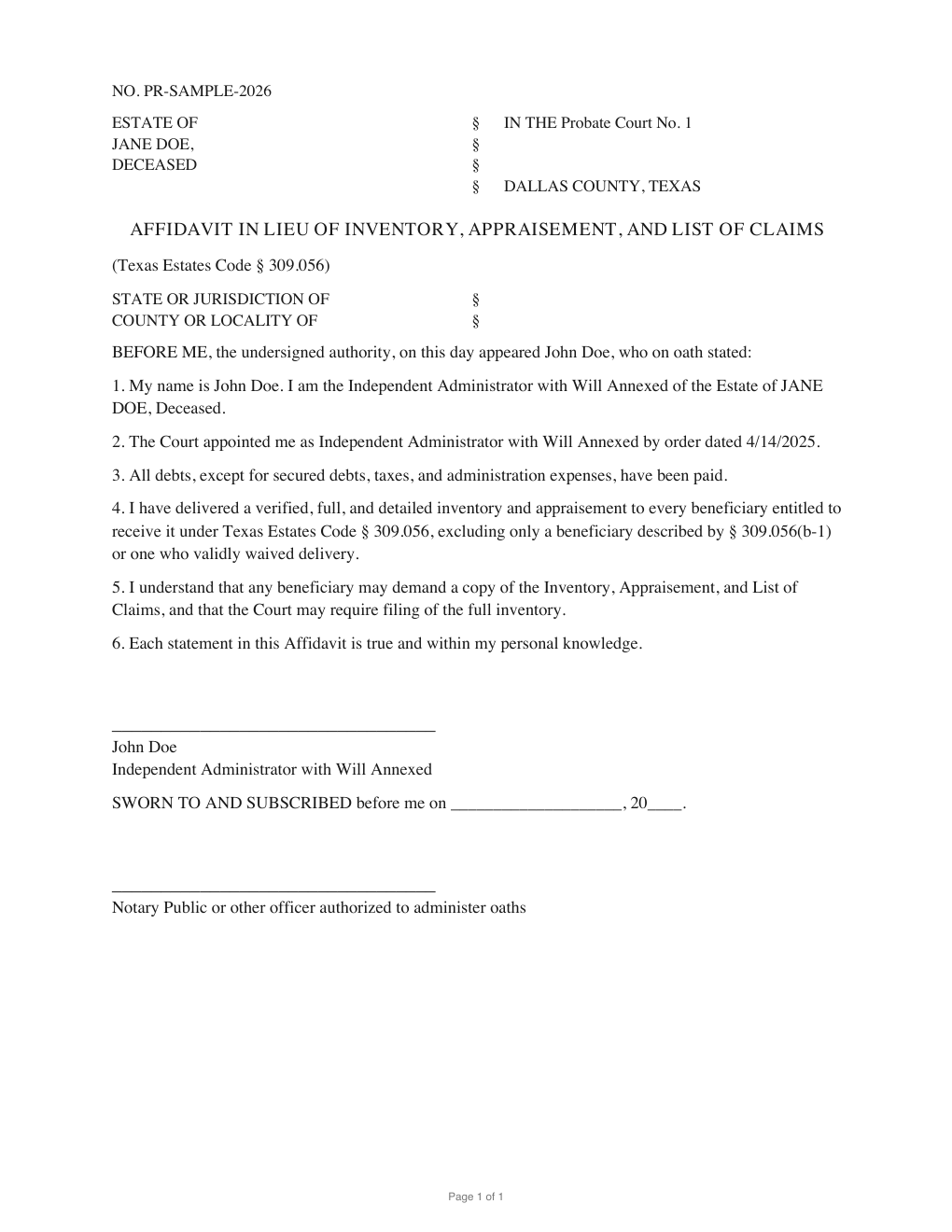 First page of the generated Affidavit in Lieu of Inventory sample PDF