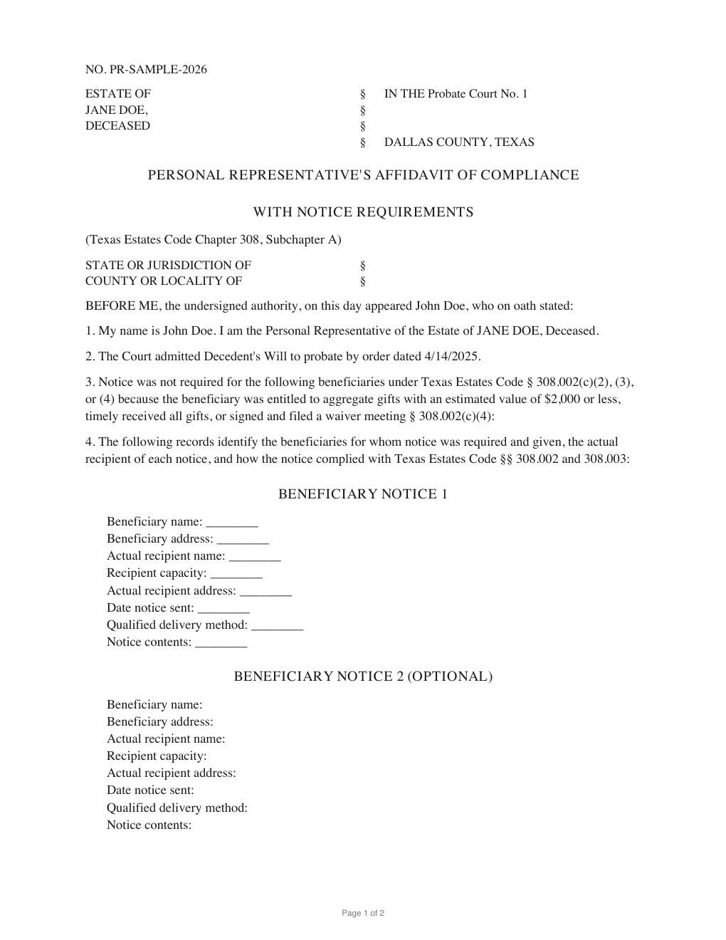 First page of the generated Affidavit of Notice of Probate sample PDF