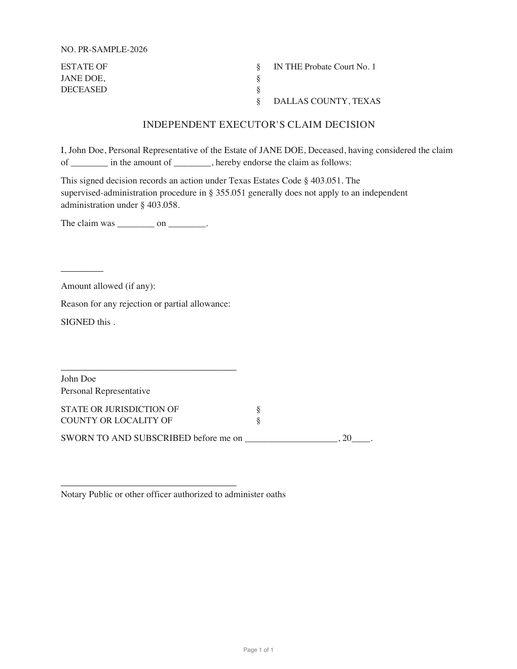 First page of the generated Allowance or Rejection of Claim sample PDF