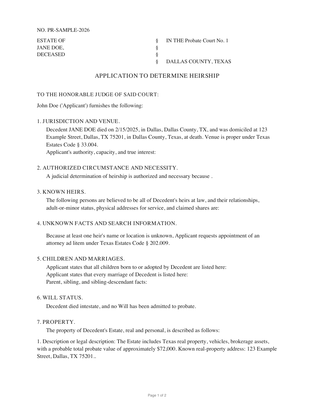 First page of the generated Application to Determine Heirship sample PDF