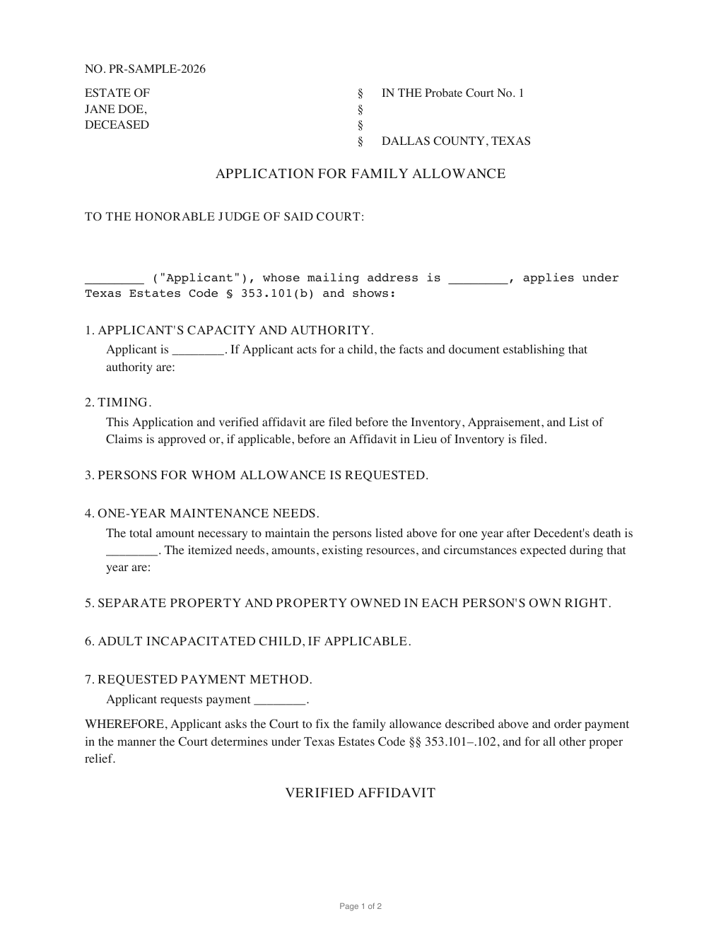 First page of the generated Application for Family Allowance sample PDF
