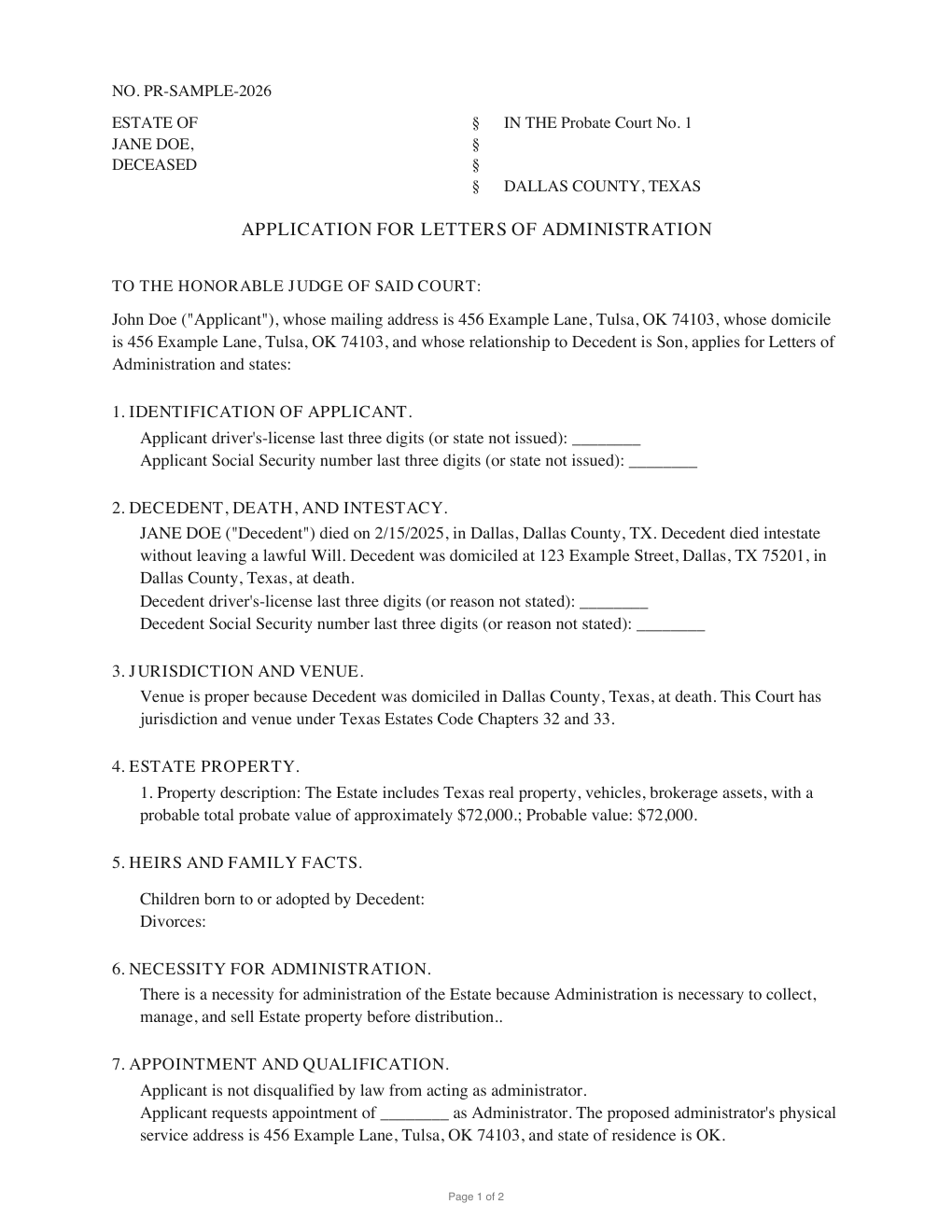 First page of the generated Application for Letters of Administration sample PDF