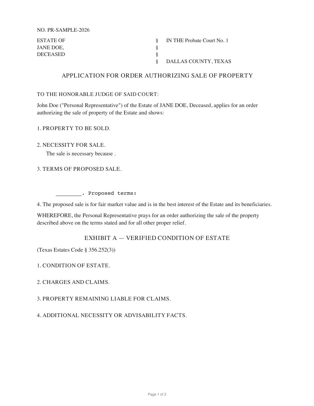 First page of the generated Application for Order Authorizing Sale of Property sample PDF