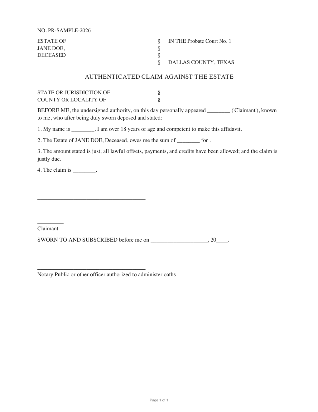 First page of the generated Authenticated Claim Against the Estate sample PDF