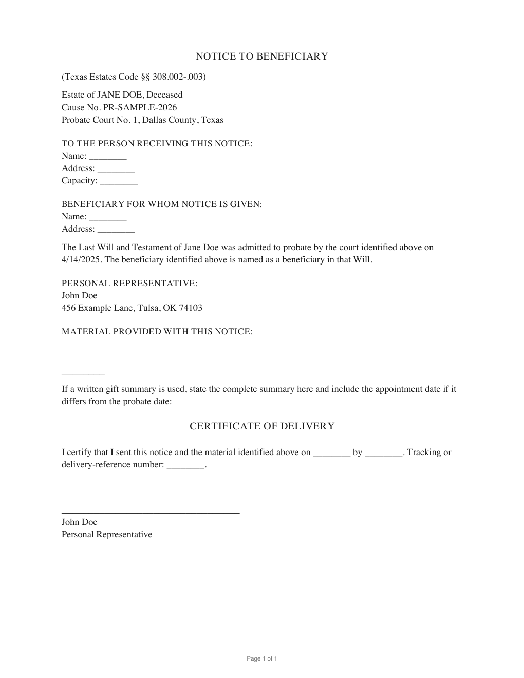 First page of the generated Notice to Beneficiary sample PDF
