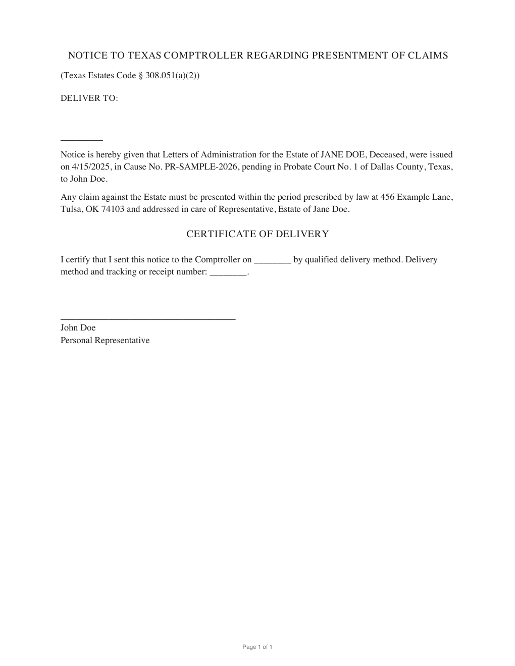 First page of the generated Comptroller Claims Notice sample PDF