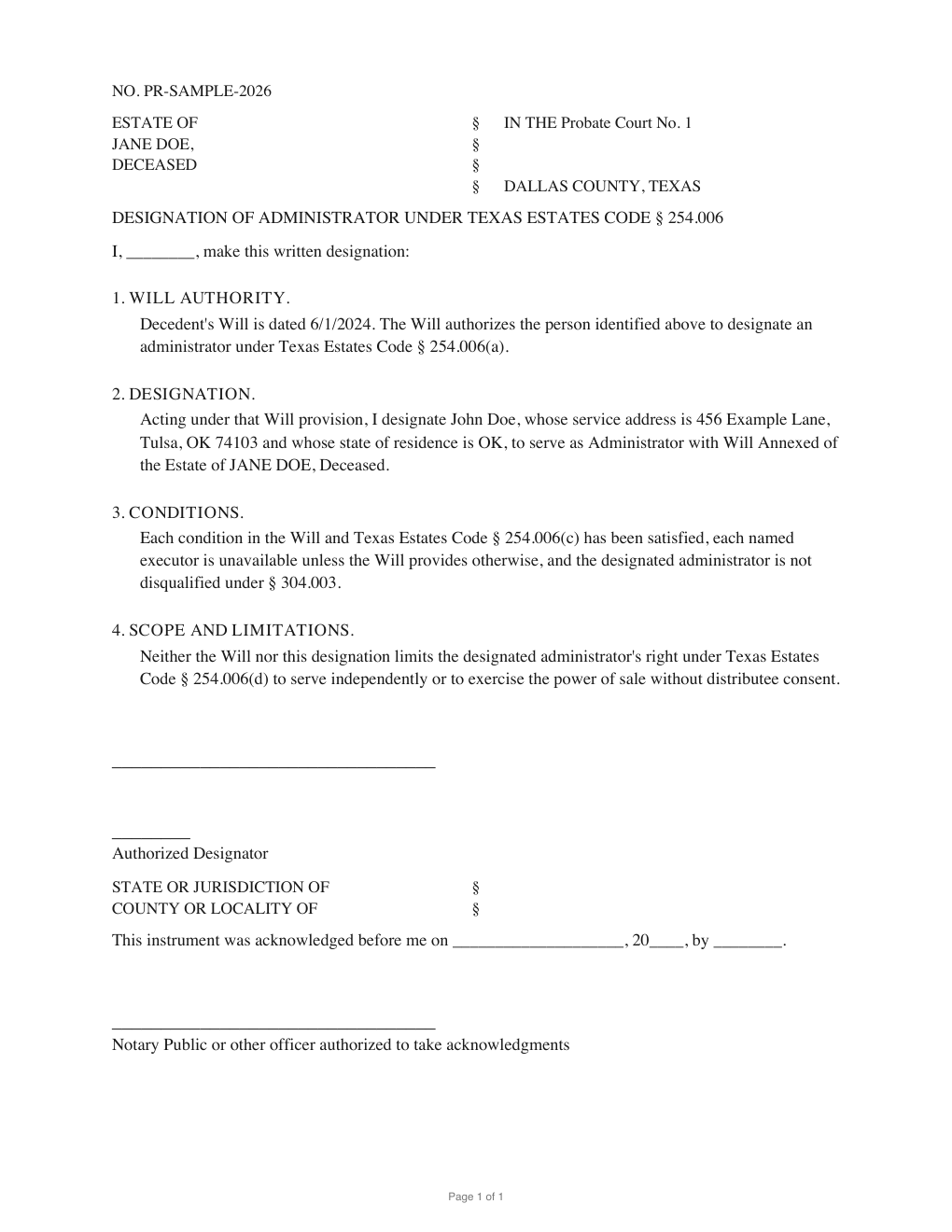 First page of the generated Designation of Administrator sample PDF