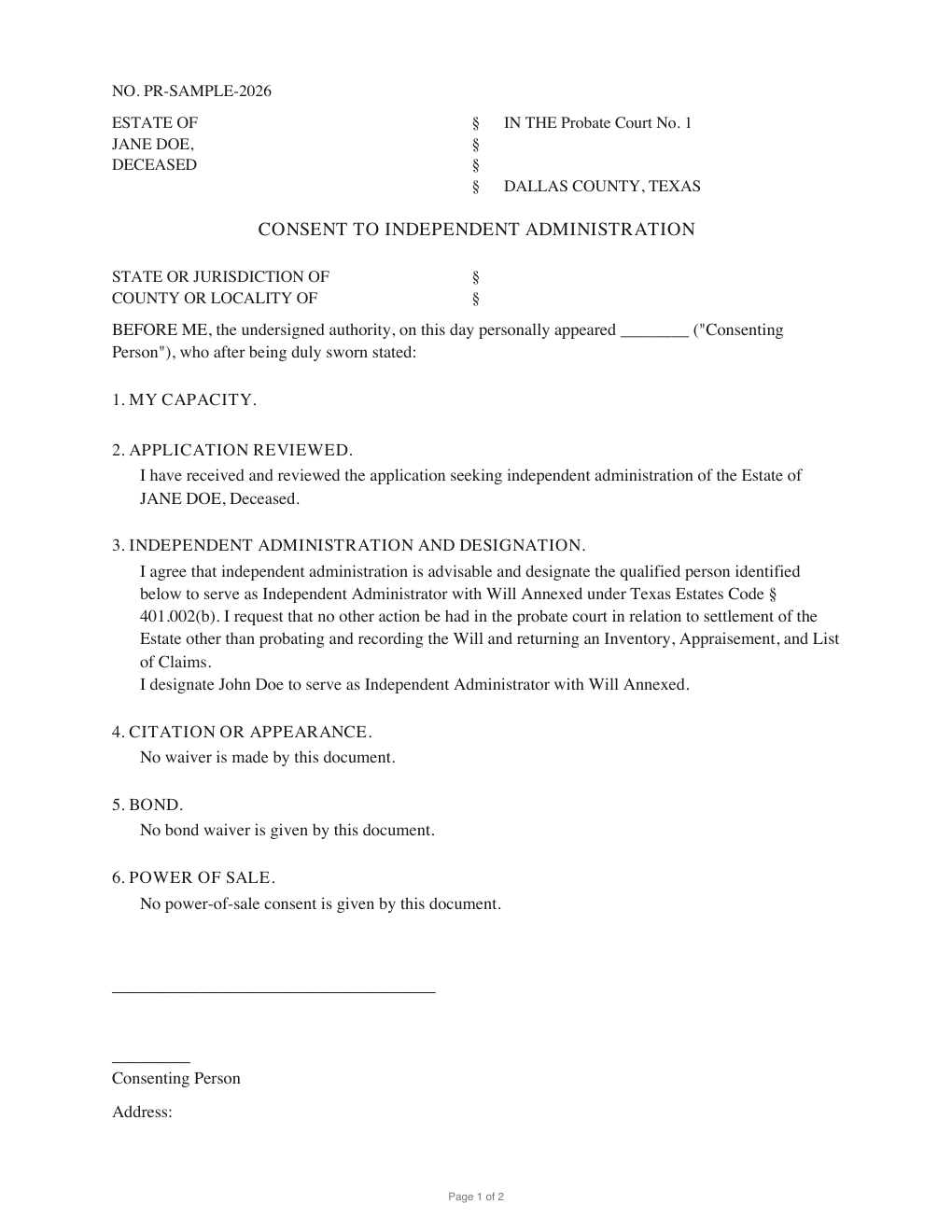 First page of the generated Consent to Independent Administration sample PDF