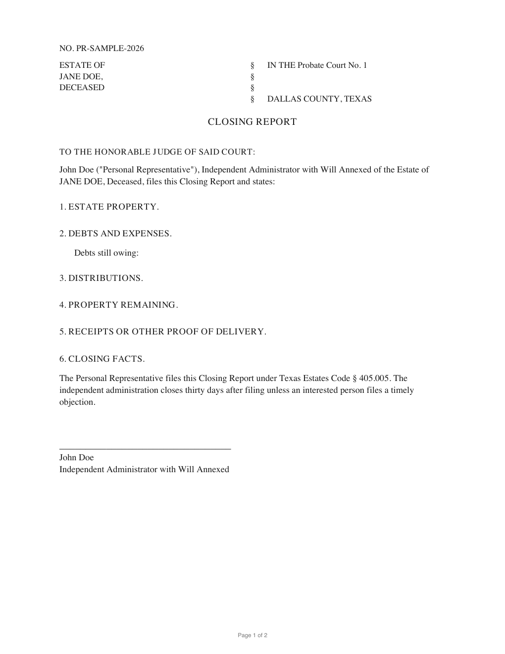 First page of the generated Closing Report / Final Account sample PDF