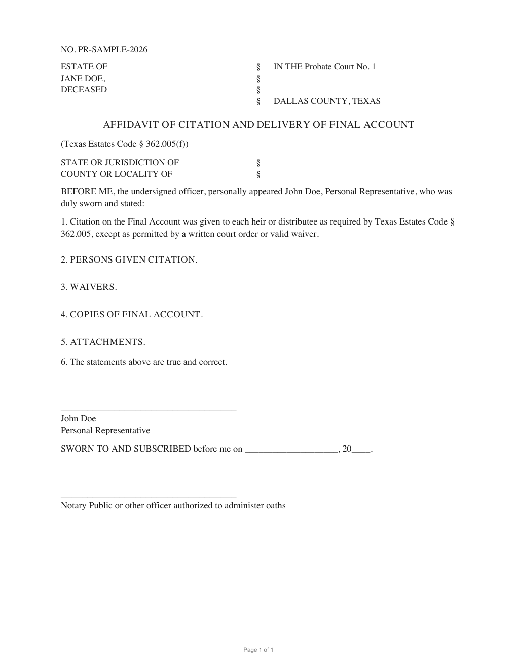 First page of the generated Affidavit of Citation and Delivery of Final Account sample PDF