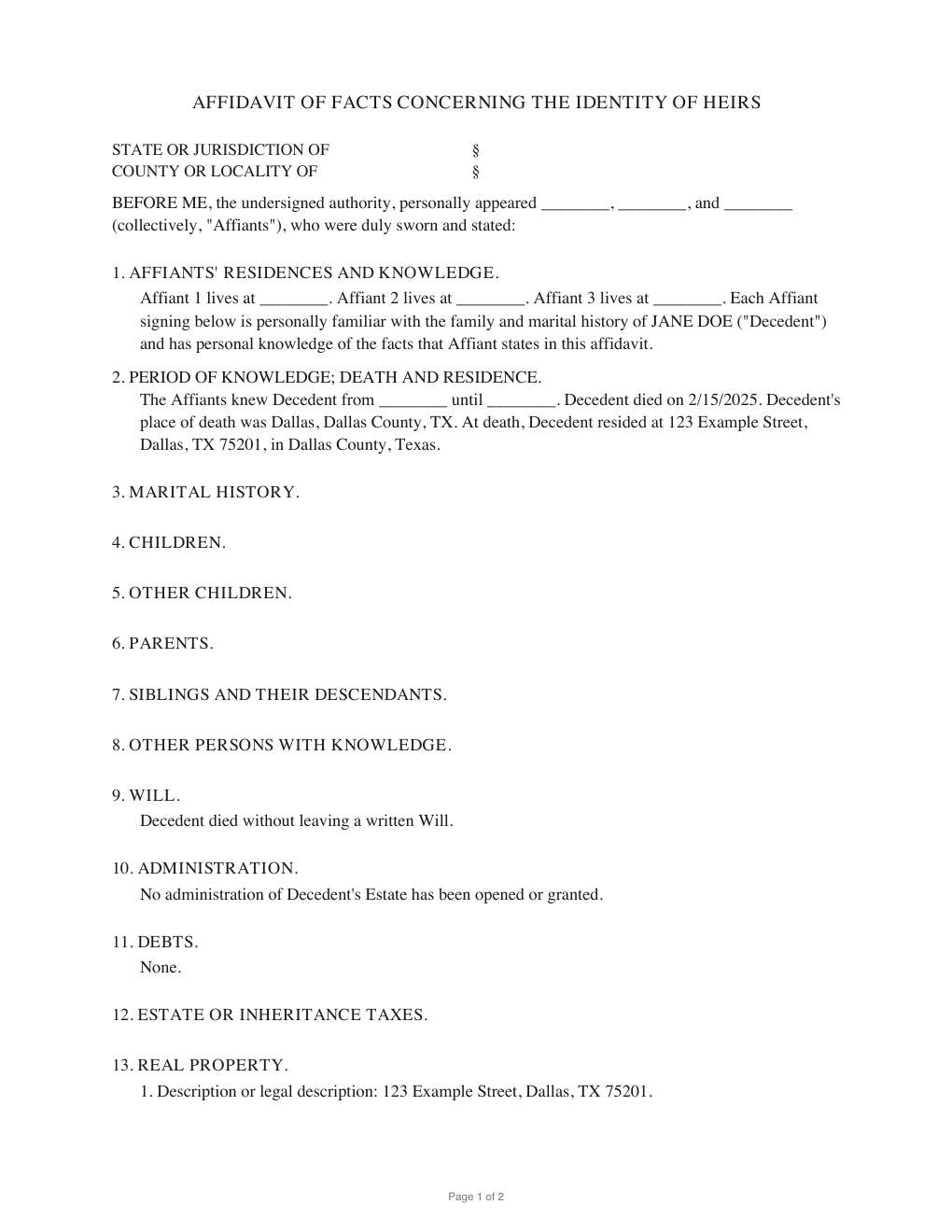 First page of the generated Affidavit of Heirship sample PDF