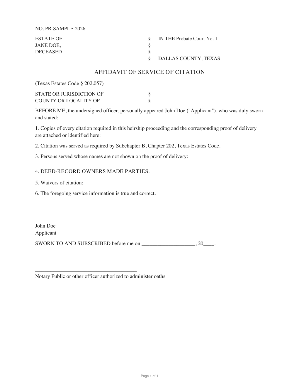 First page of the generated Affidavit of Service of Citation — Heirship sample PDF