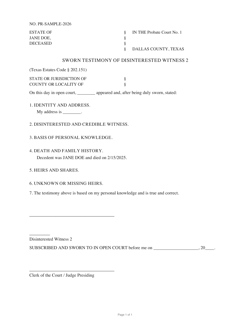 First page of the generated Sworn Testimony of Disinterested Witness 2 sample PDF