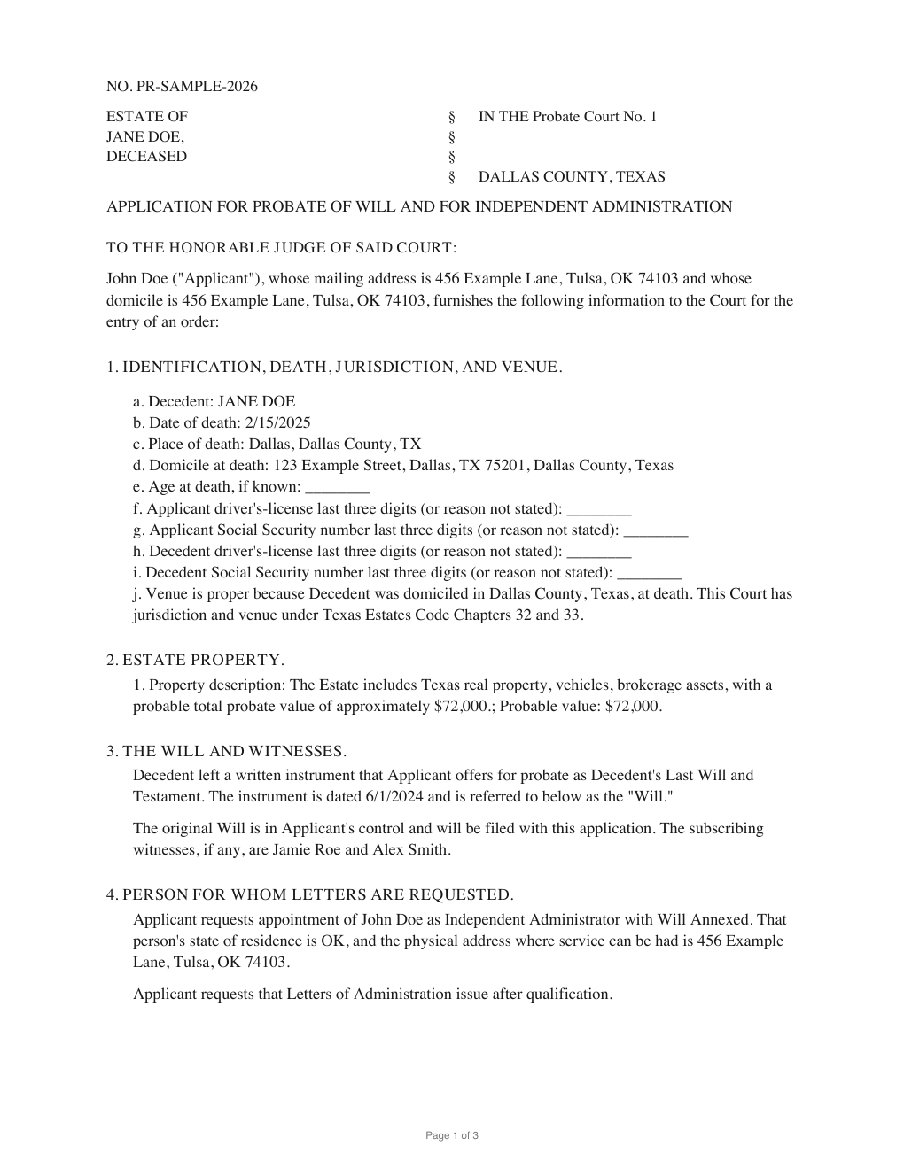 First page of the generated Application for Probate of Will and Issuance of Letters sample PDF