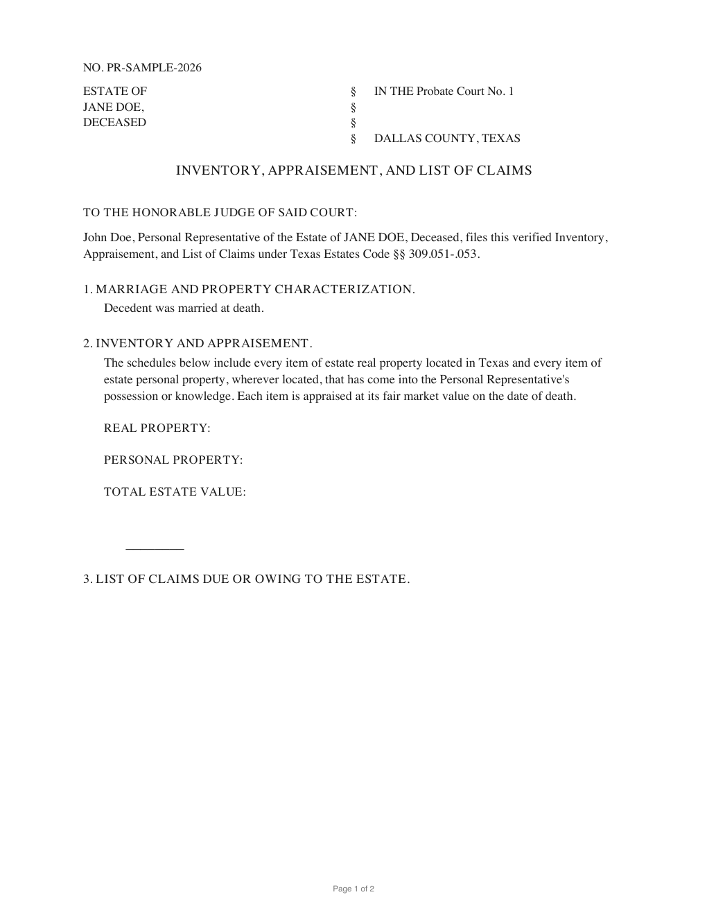 First page of the generated Inventory, Appraisement, and List of Claims sample PDF