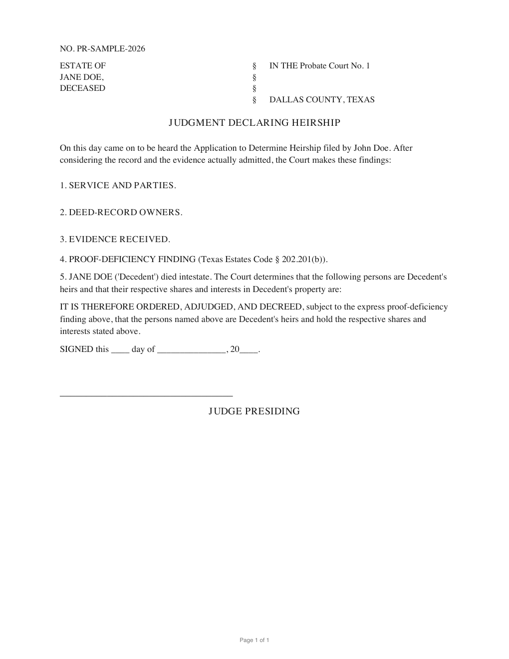 First page of the generated Judgment Declaring Heirship sample PDF
