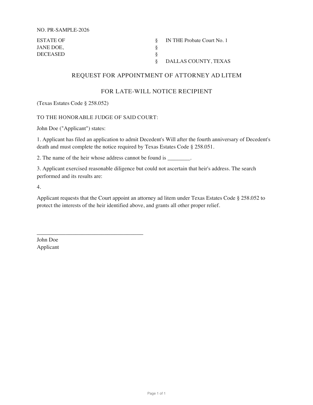 First page of the generated Late-Will Request for Attorney Ad Litem sample PDF