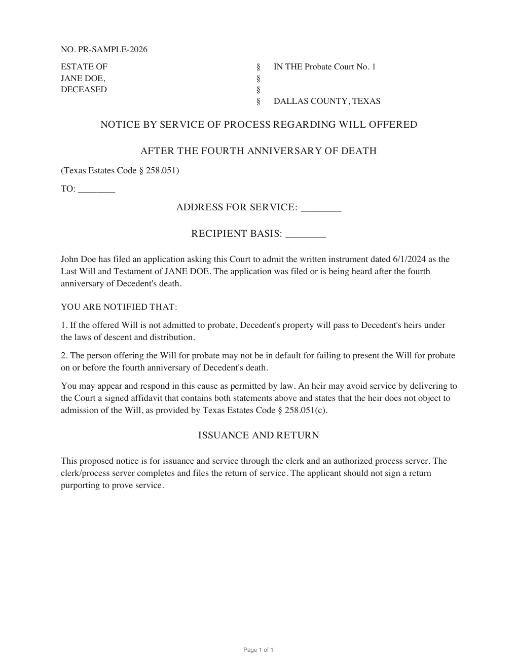 First page of the generated Late-Will Notice for Clerk-Issued Service sample PDF