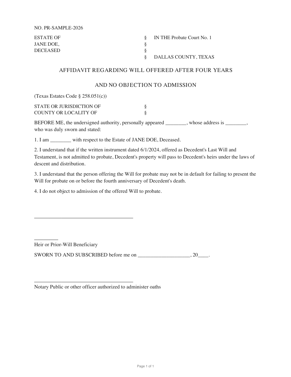 First page of the generated Late-Will No-Objection Affidavit sample PDF