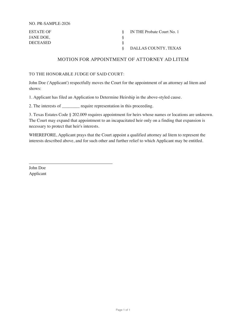 First page of the generated Motion for Appointment of Attorney Ad Litem sample PDF
