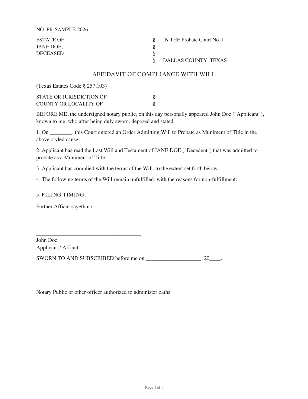 First page of the generated Affidavit of Compliance with Texas Estates Code § 257.103 sample PDF