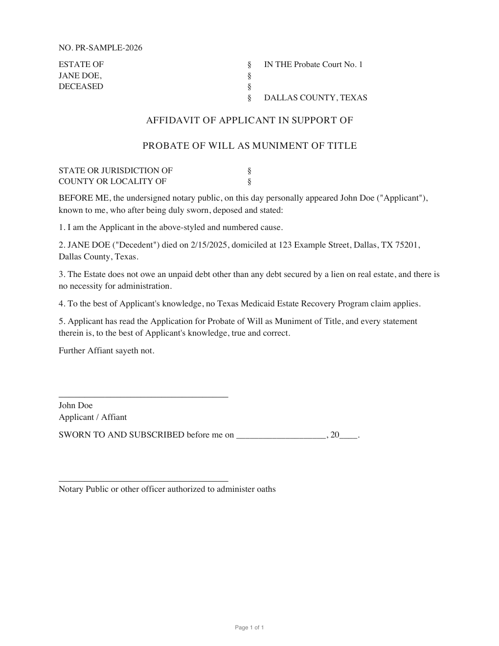 First page of the generated Affidavit of No Debts (Muniment) sample PDF