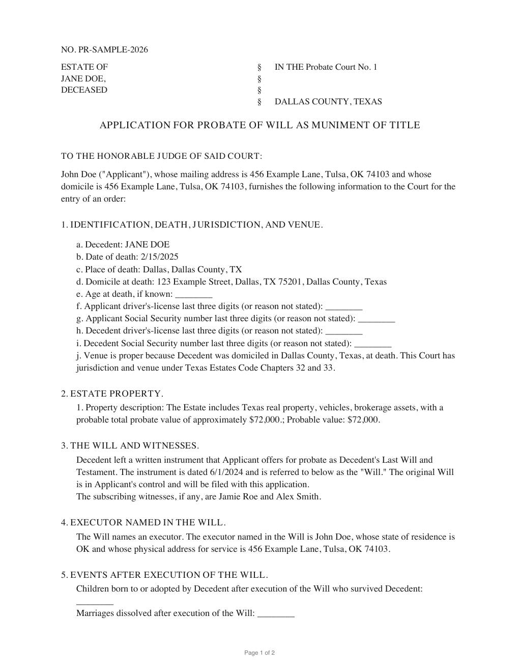 First page of the generated Application for Probate of Will as Muniment of Title sample PDF