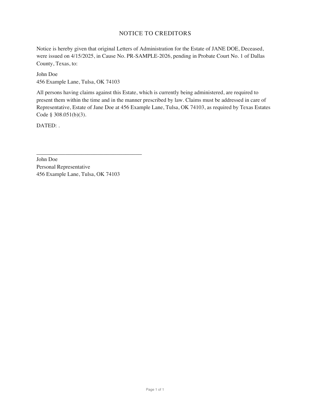 First page of the generated Notice to Creditors (Newspaper) sample PDF