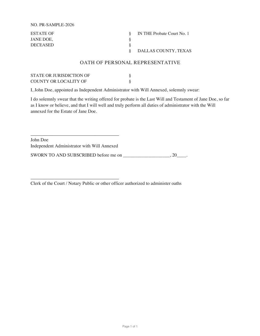 First page of the generated Oath of Personal Representative sample PDF