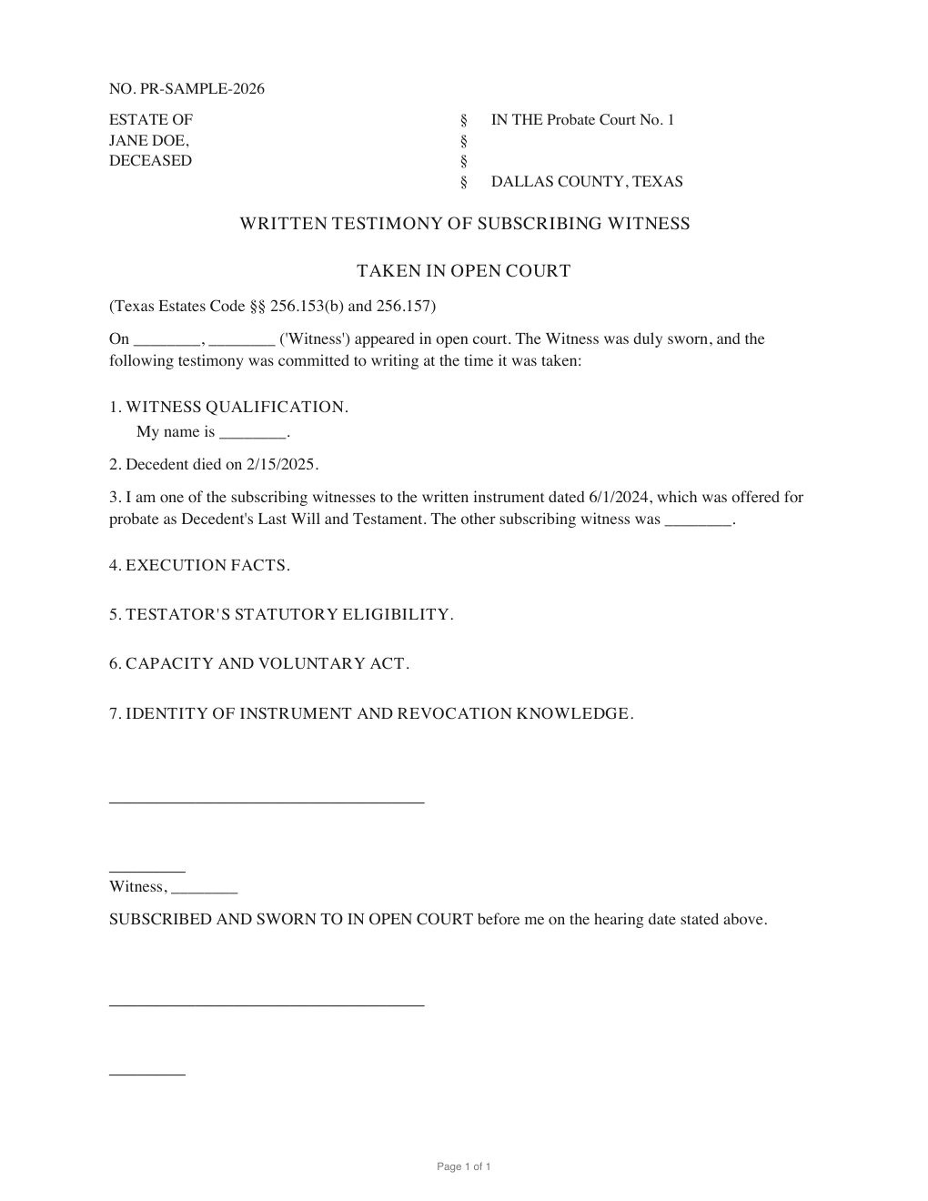 First page of the generated Proof of Will by Subscribing Witness sample PDF