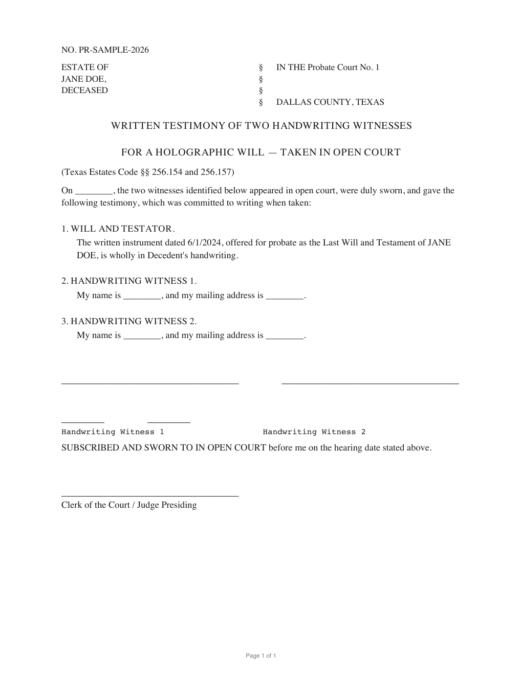 First page of the generated Proof of Holographic Will by Two Handwriting Witnesses sample PDF