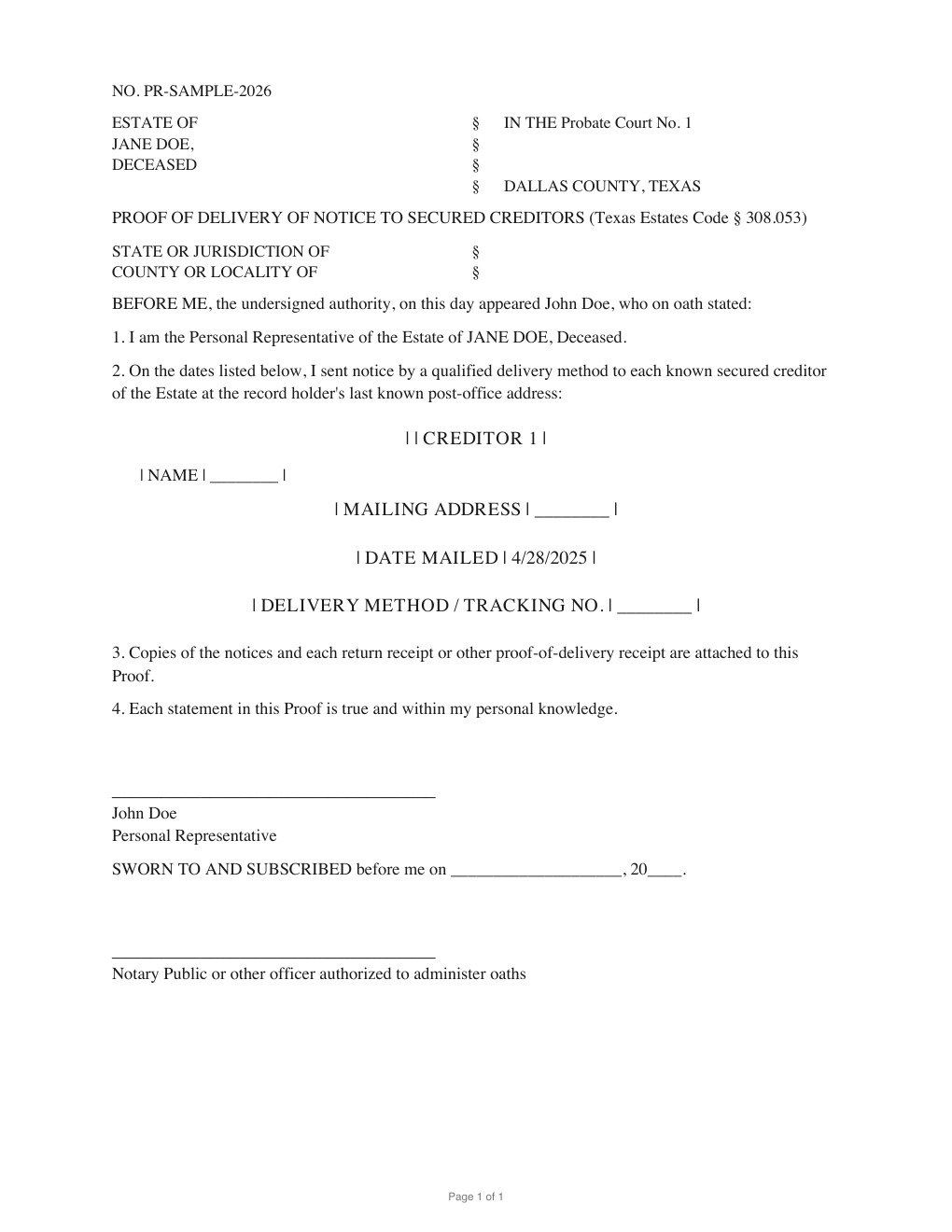 First page of the generated Proof of Delivery to Secured Creditors sample PDF