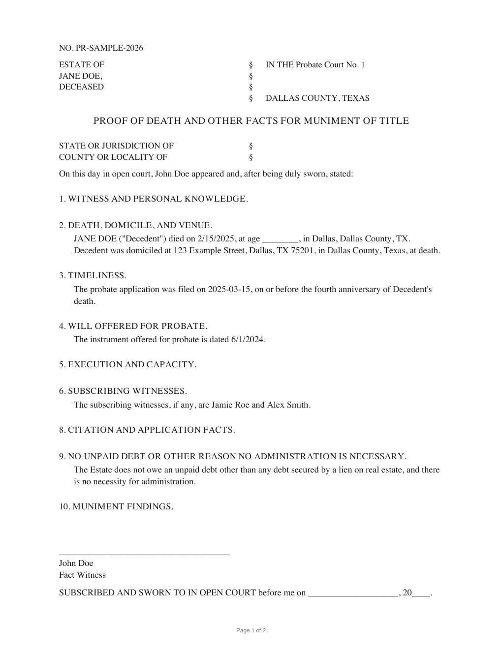 First page of the generated Proof of Death and Other Facts sample PDF