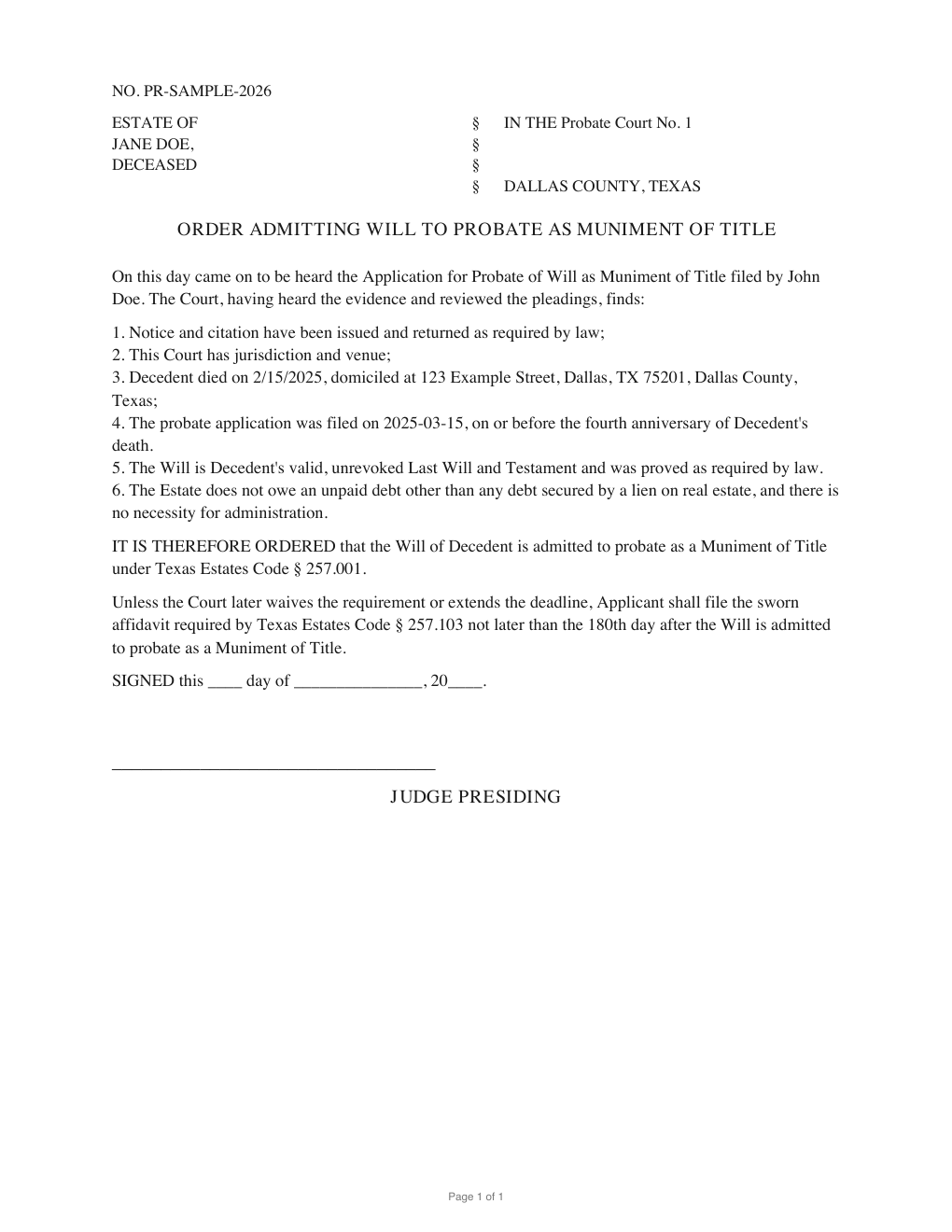 First page of the generated Proposed Order Admitting Will as Muniment of Title sample PDF