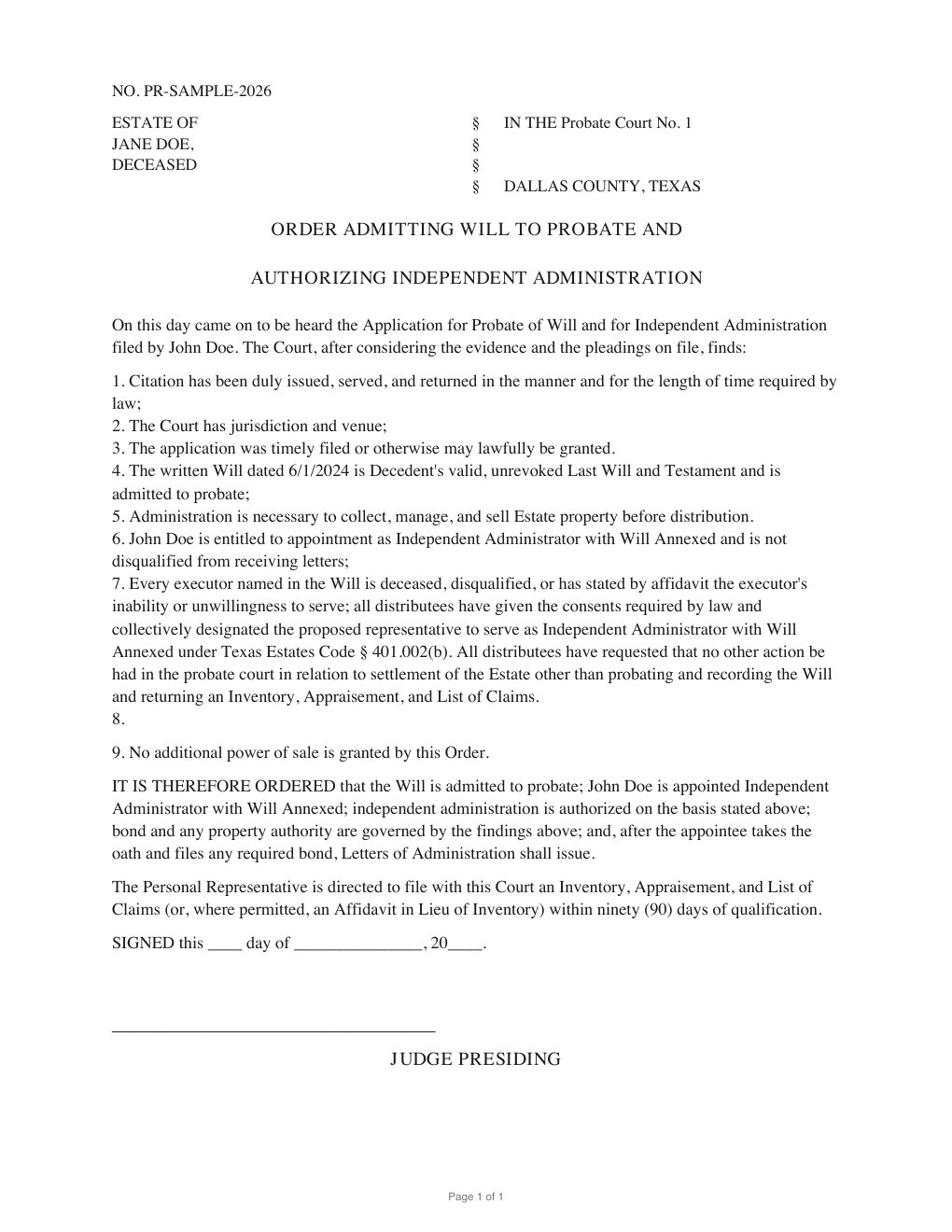 First page of the generated Proposed Order Admitting Will and Authorizing Letters sample PDF