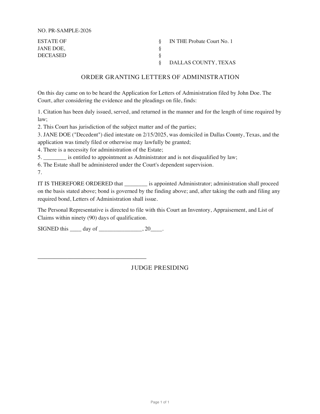 First page of the generated Proposed Order Granting Letters of Administration sample PDF