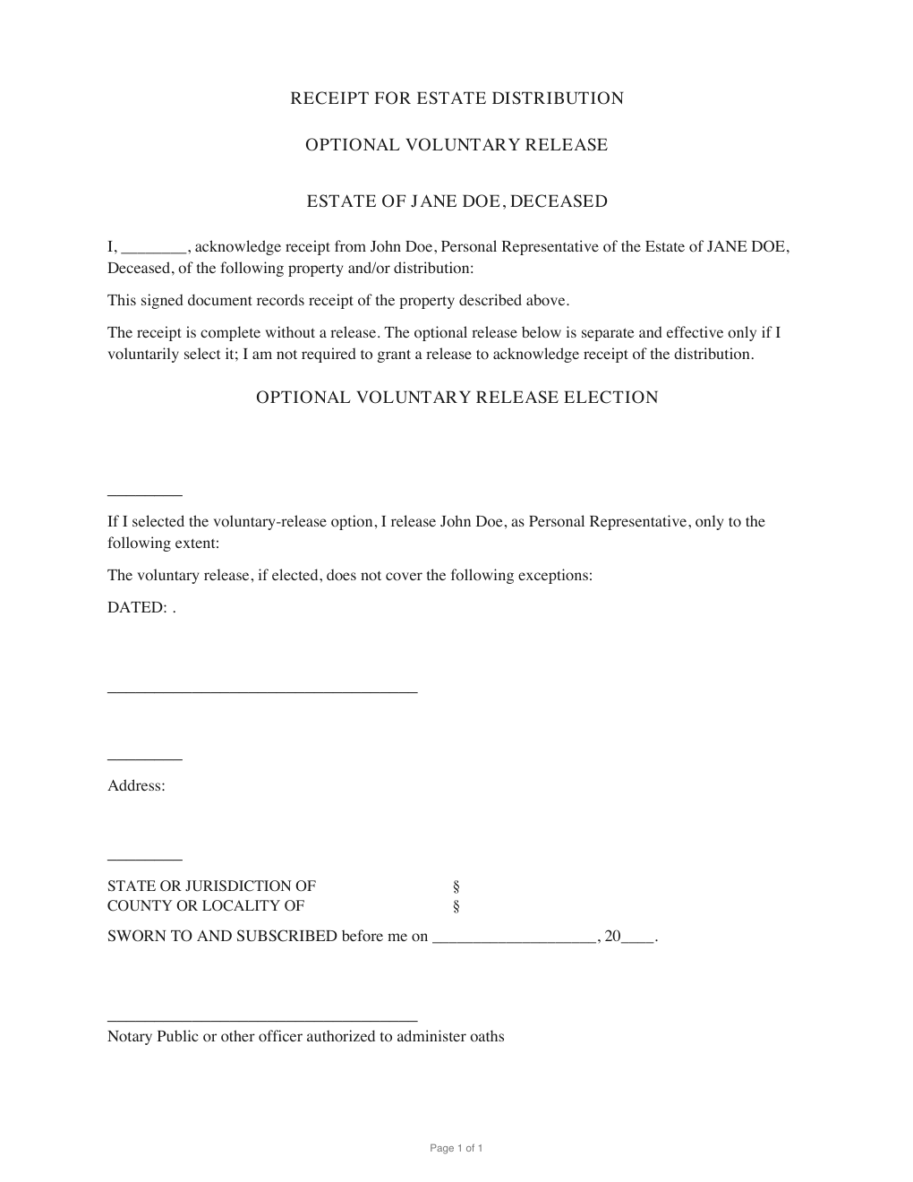 First page of the generated Receipt and Release sample PDF