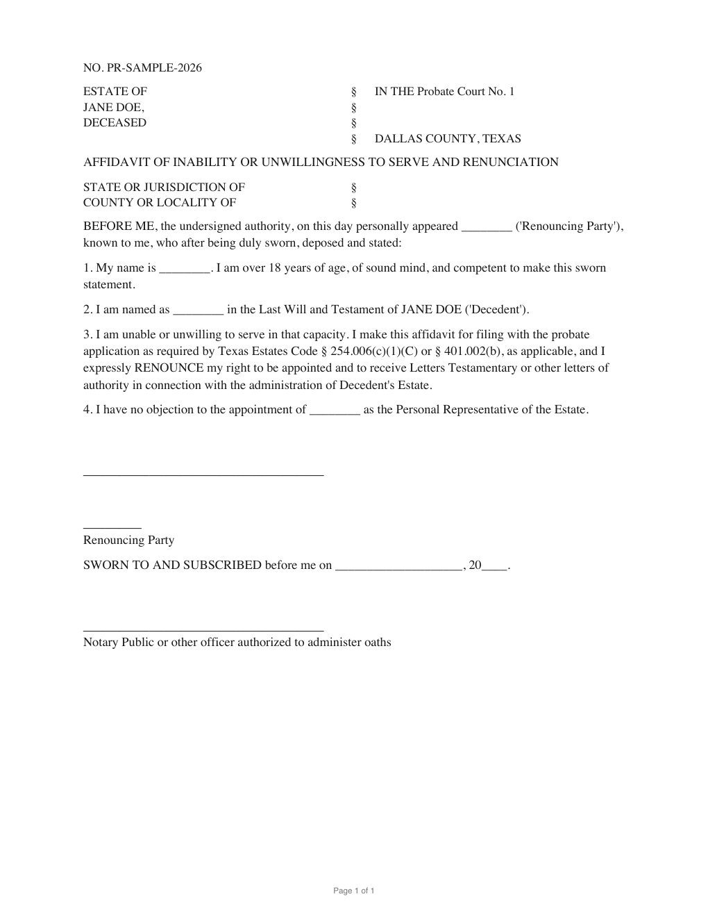 First page of the generated Affidavit of Inability or Unwillingness to Serve and Renunciation sample PDF