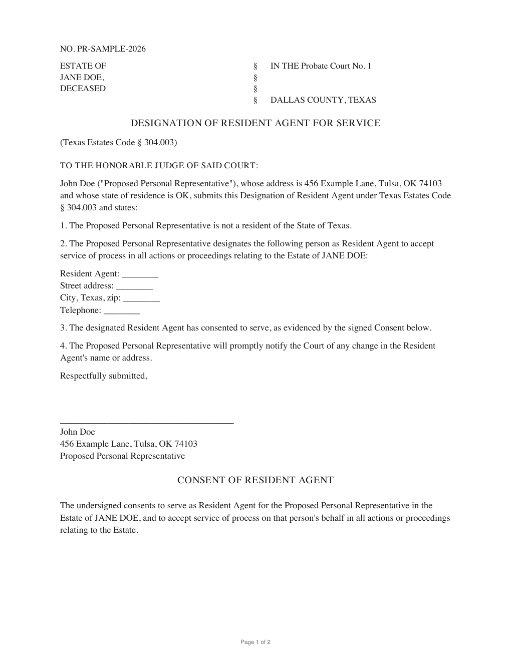 First page of the generated Designation of Resident Agent sample PDF