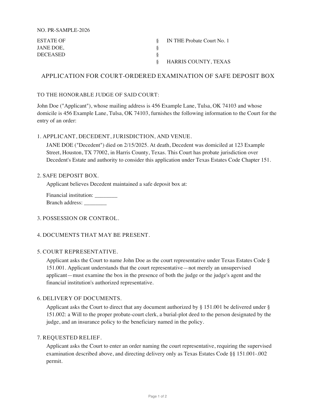 First page of the generated Request Court-Ordered Examination of Safe Deposit Box sample PDF