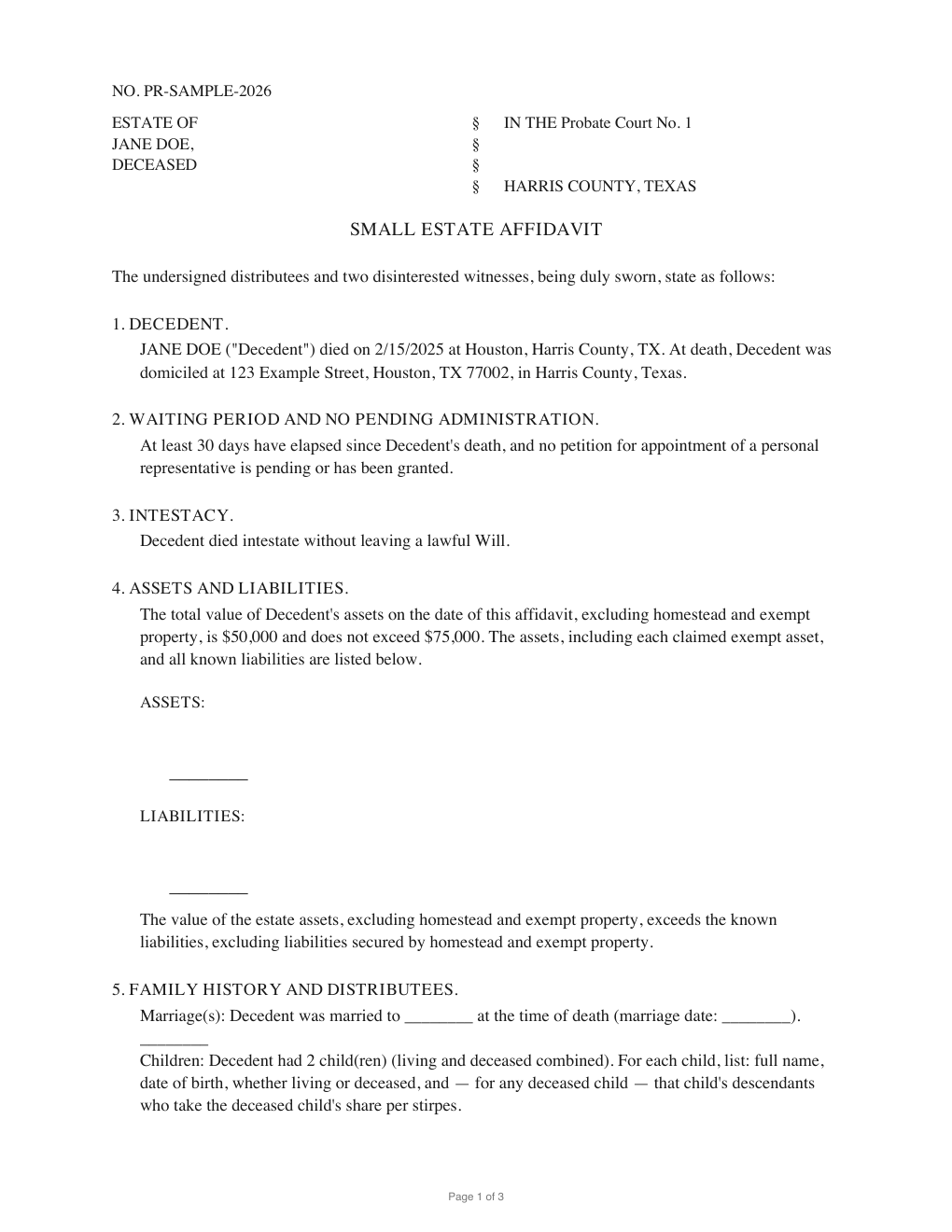First page of the generated Small Estate Affidavit sample PDF