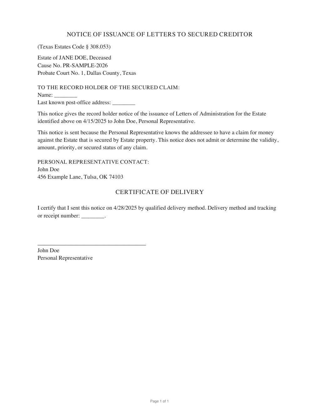 First page of the generated Notice of Issuance of Letters to Secured Creditor sample PDF
