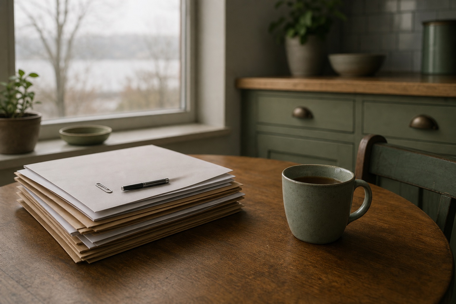 A spiral notebook and pen beside a small stack of unopened envelopes on a kitchen table in morning light