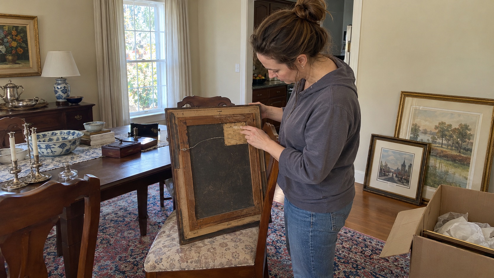 A woman examines the back of a framed painting in a dining room, with other artwork and a moving box nearby.