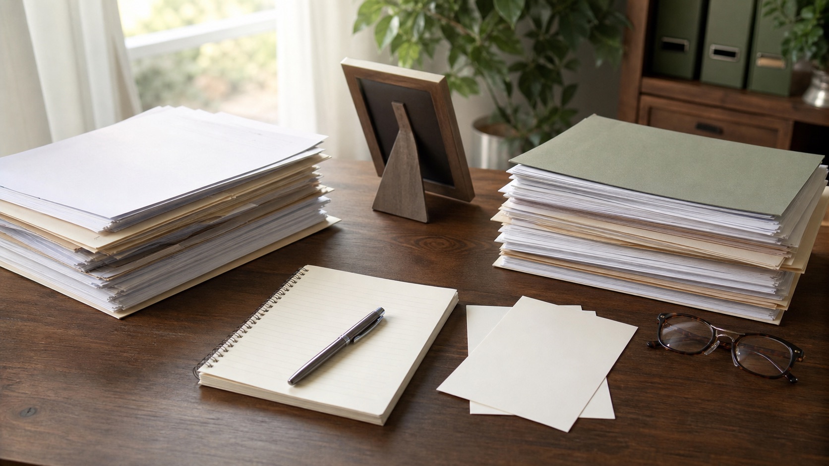 Two stacks of estate records, blank note cards, a notebook, glasses, and sage folders on a home office desk