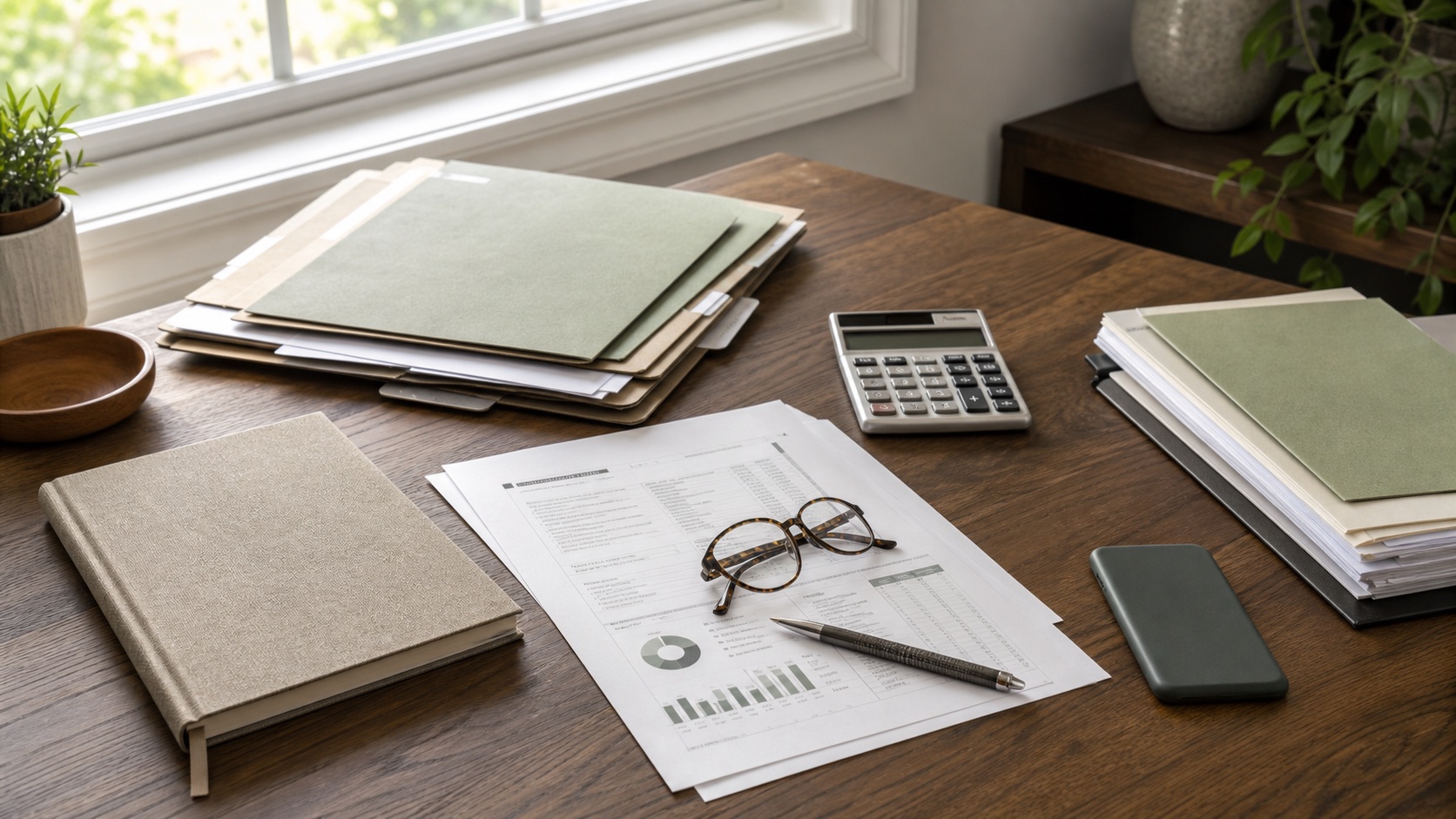 Estate records, sage folders, glasses, calculator, notebook, pen, and a phone on a warm home office desk