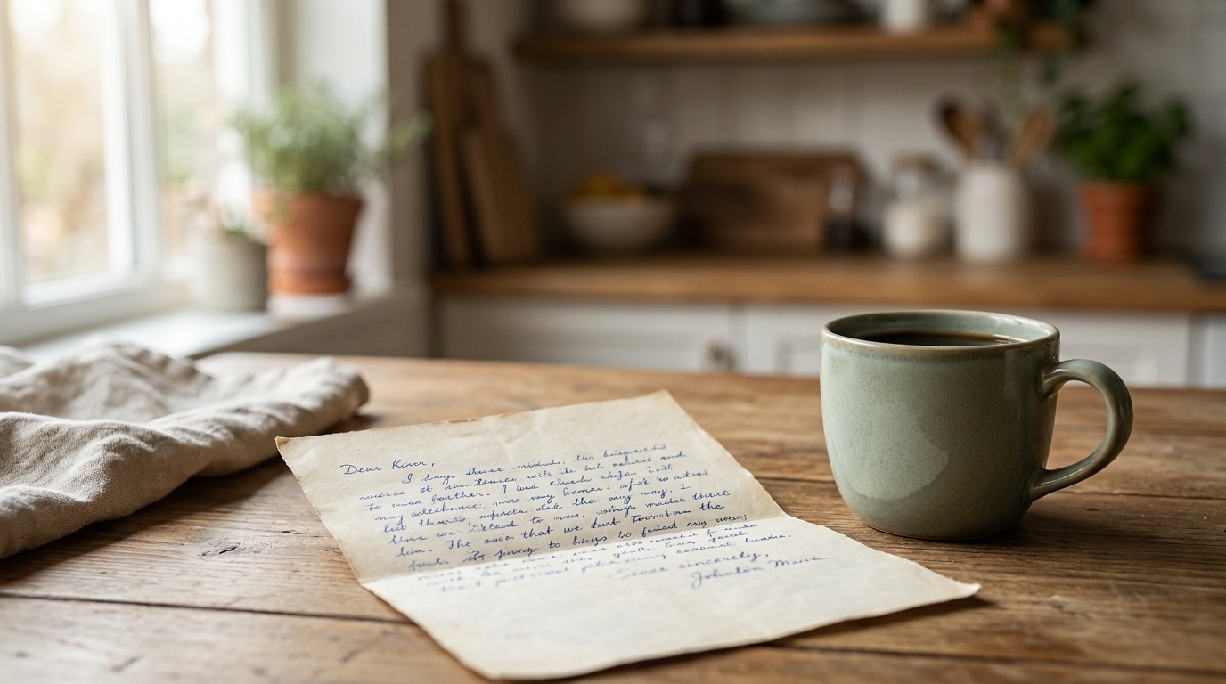 A handwritten letter and a stoneware coffee mug on a wooden kitchen table in morning light