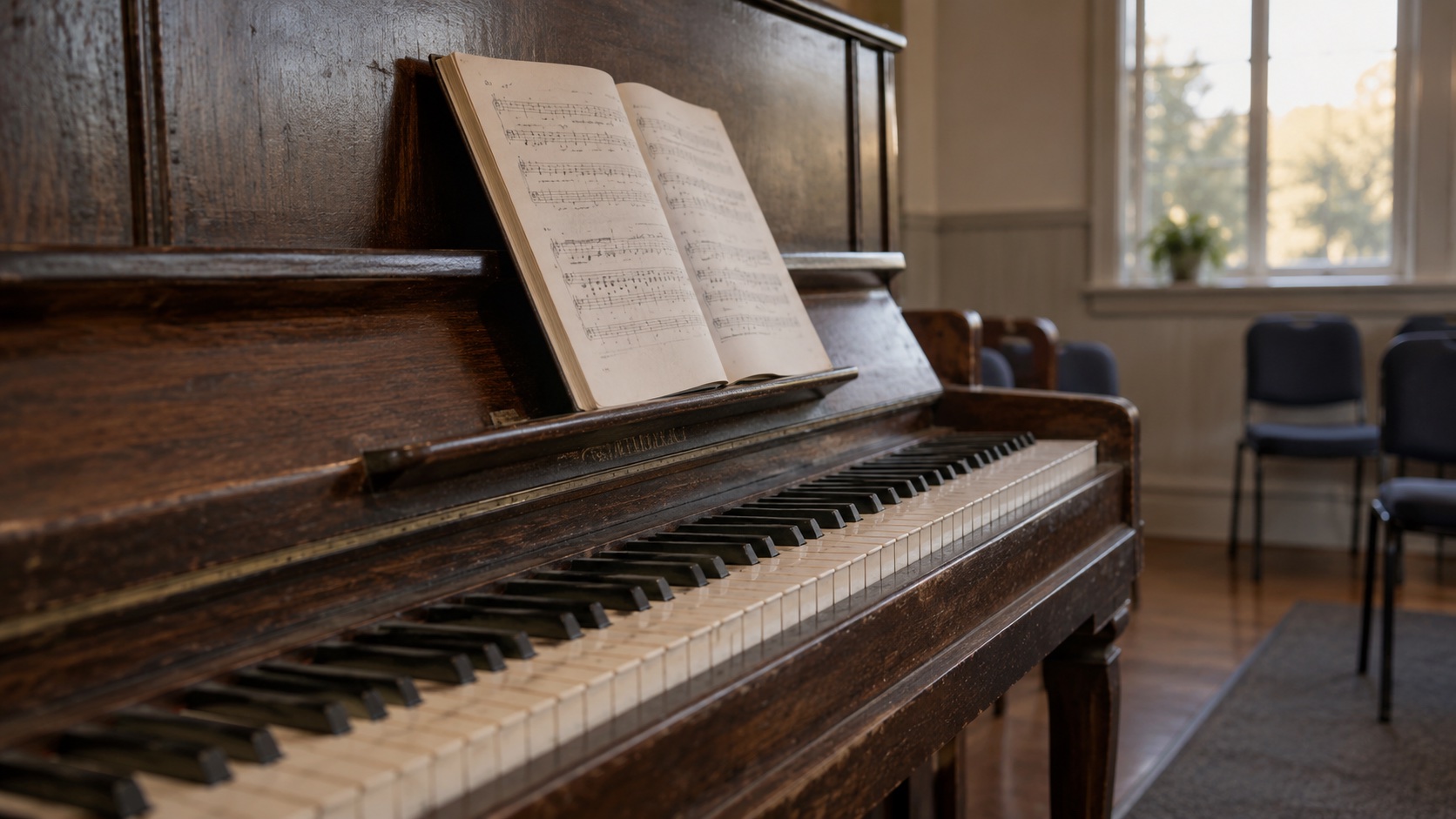 An open music book above the worn keys of an upright piano in a sunlit gathering room.