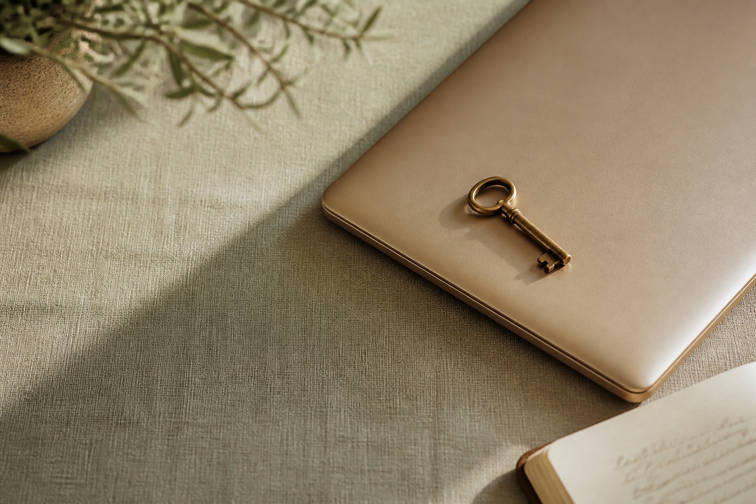 A closed laptop and a small brass key on a linen-covered desk beside a handwritten notebook in warm window light