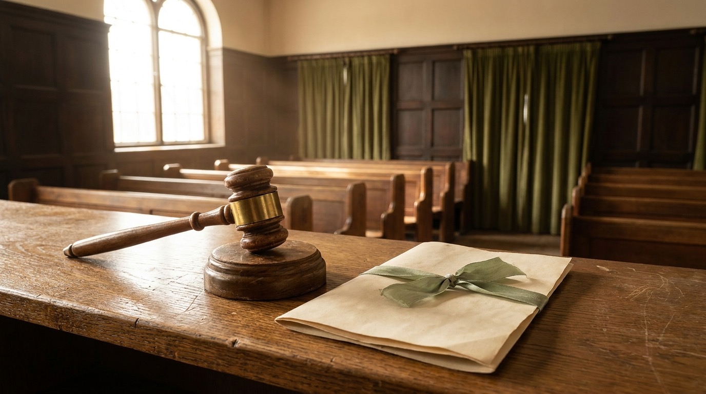 A wooden judge's gavel beside a folded document on a worn oak courtroom bench
